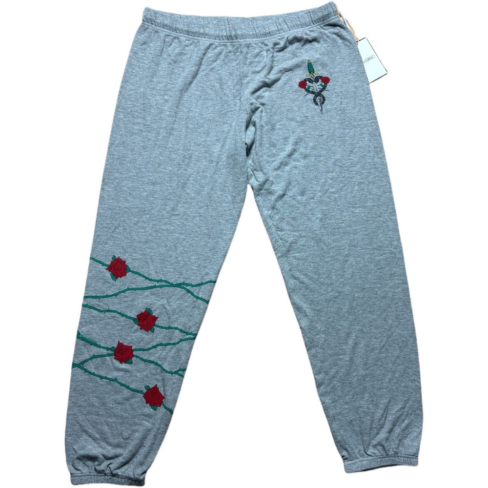 Lauren Moshi Women's Gray Rose Design Sweatpants Joggers Size L  Drawstring NWT